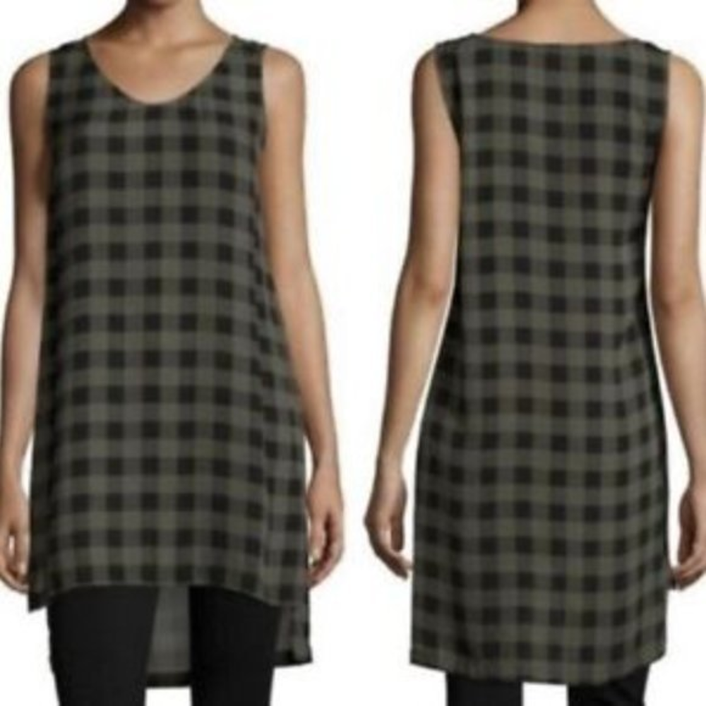 Eileen Fisher Olive Plaid Silk Tank Mini Shift‎ Casual High Low Tunic Dress